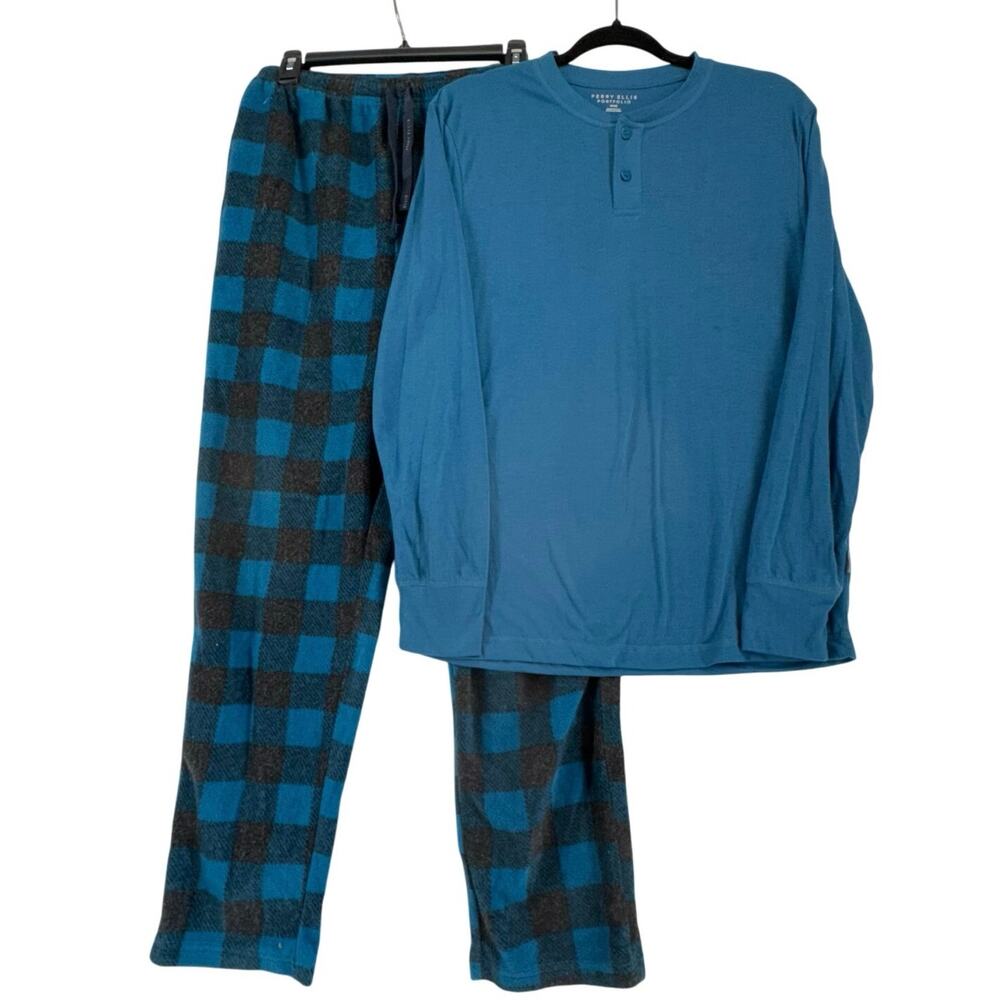 Perry Ellis Portfolio Men’s Pajama Set Blue Henley Top Plaid Pants Size M